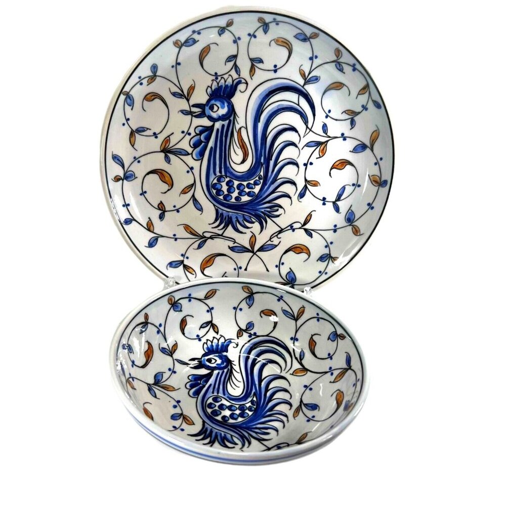 Vtg Hand Painted Rooster Plate Bowl Set Signed Made In Portugal Blue Gold Blue